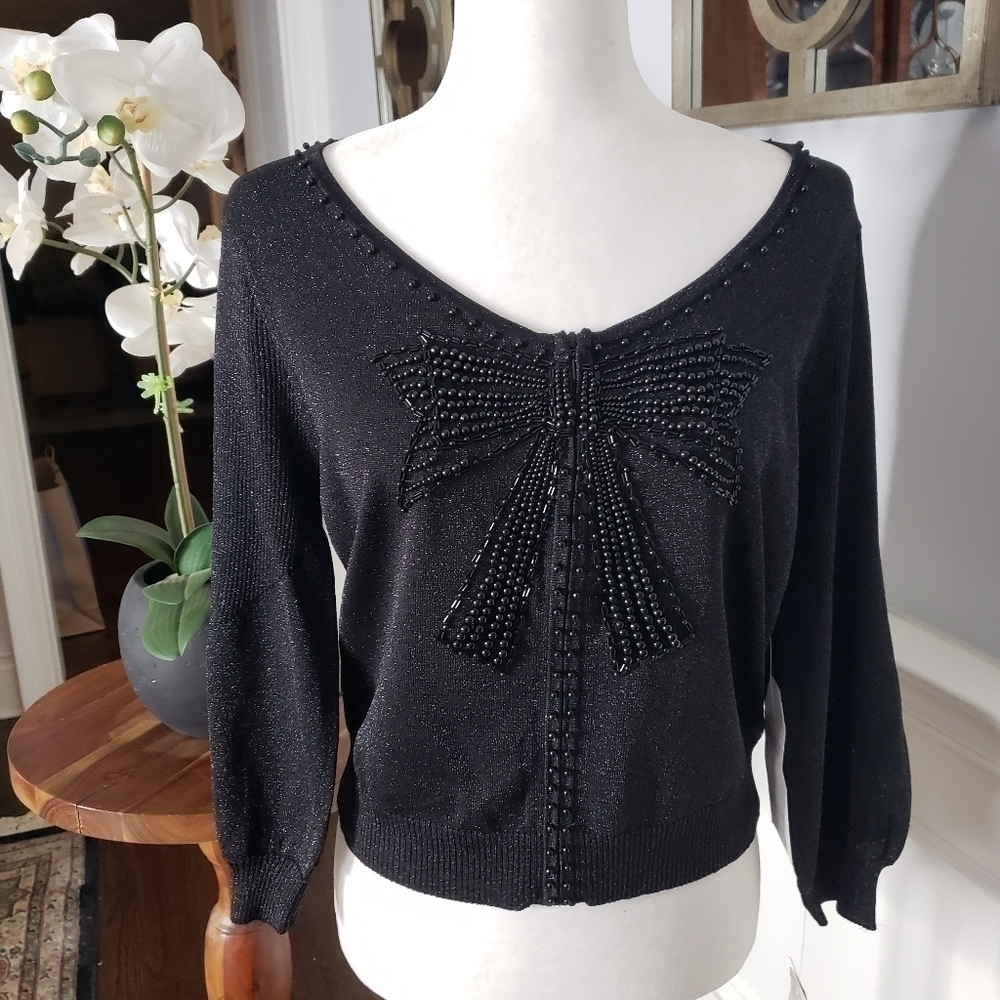 NWT Adrianna Papell Black Shimmer Beaded Embellished Bow Sweater